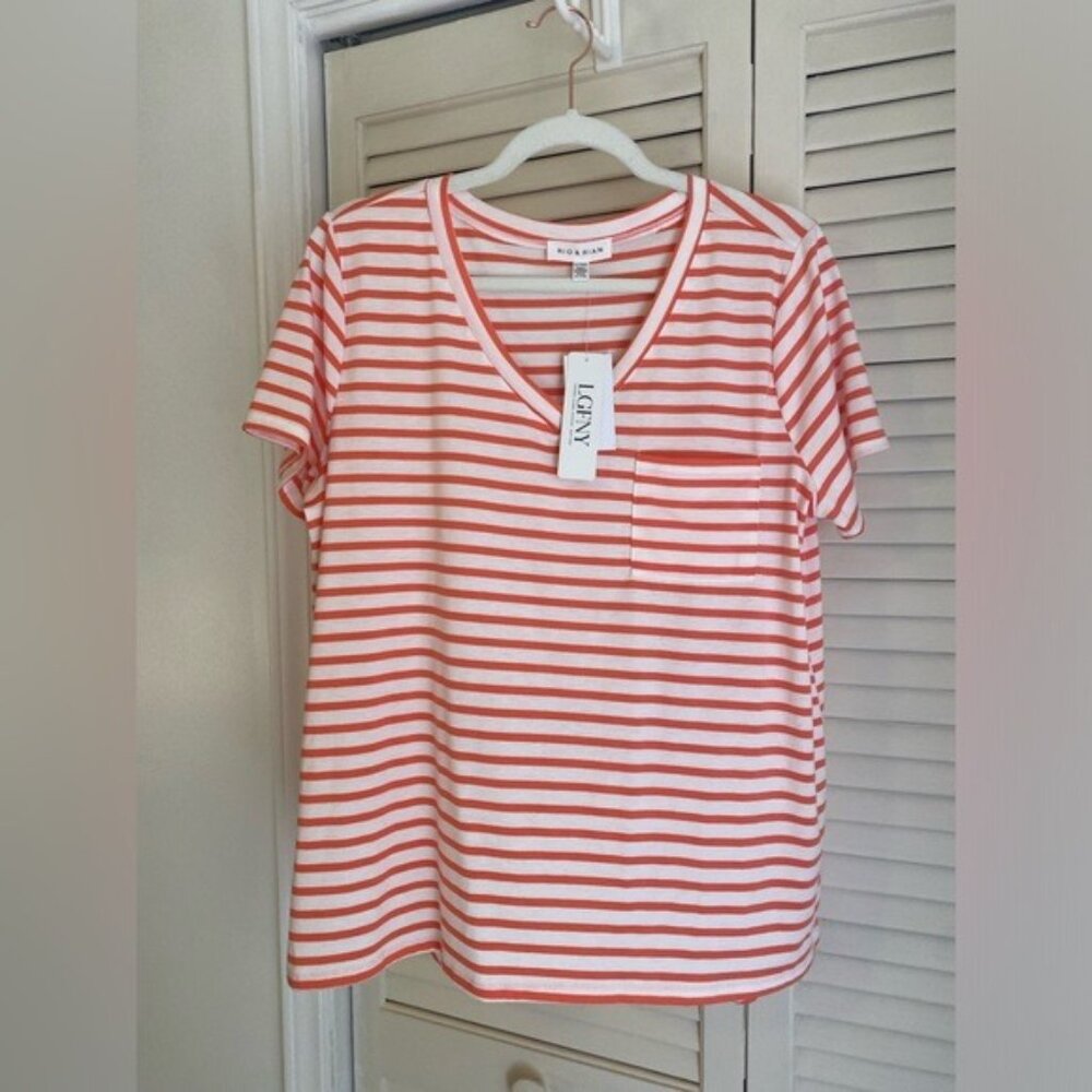 NWT Rio & Rian Coral & White Striped V-Neck Tee Shirt Size XL